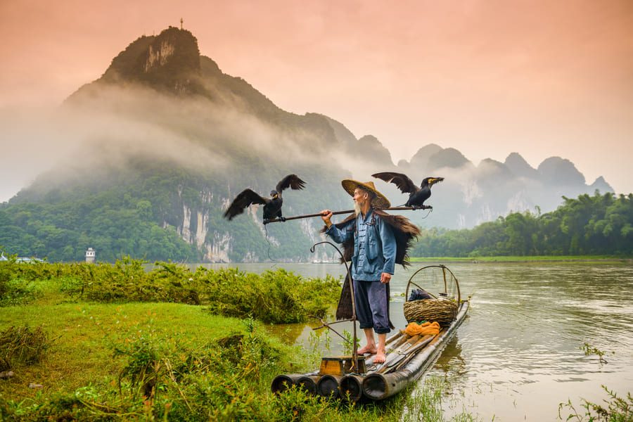 Pescador tradicional en Yangshuo sobre una balsa de bambú con dos cormoranes y montañas con niebla al fondo.